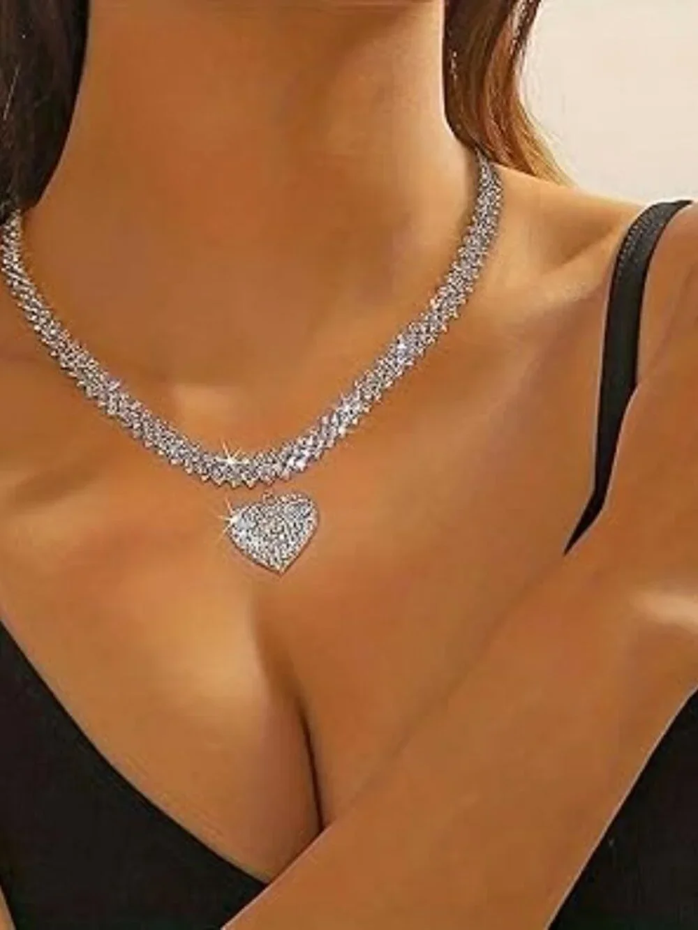 Silver Rhinestone Heart Necklace‎ Adjustable Bling Statement Jewelry